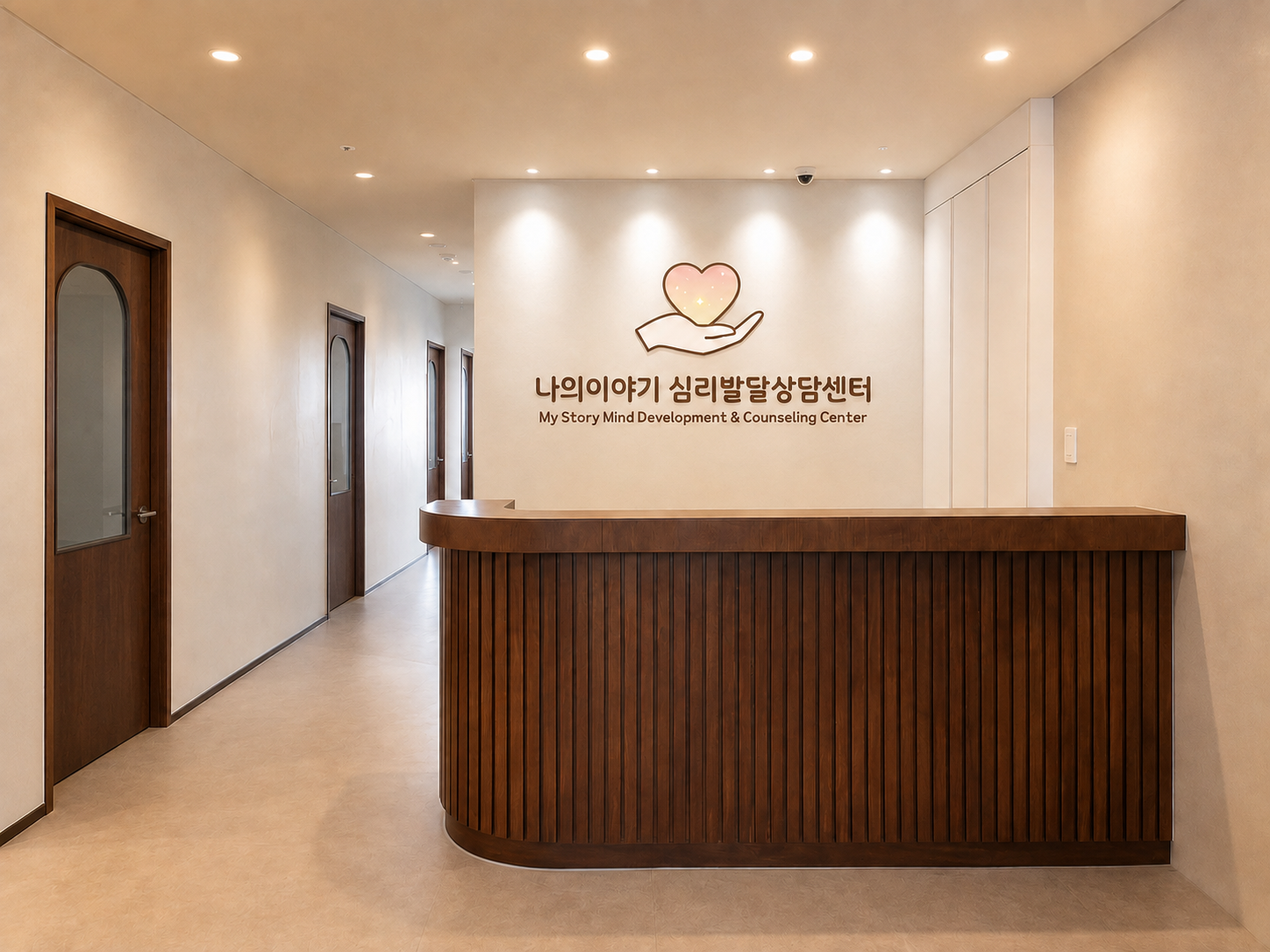나의이야기 심리발달상담센터 안내 데스크와 복도